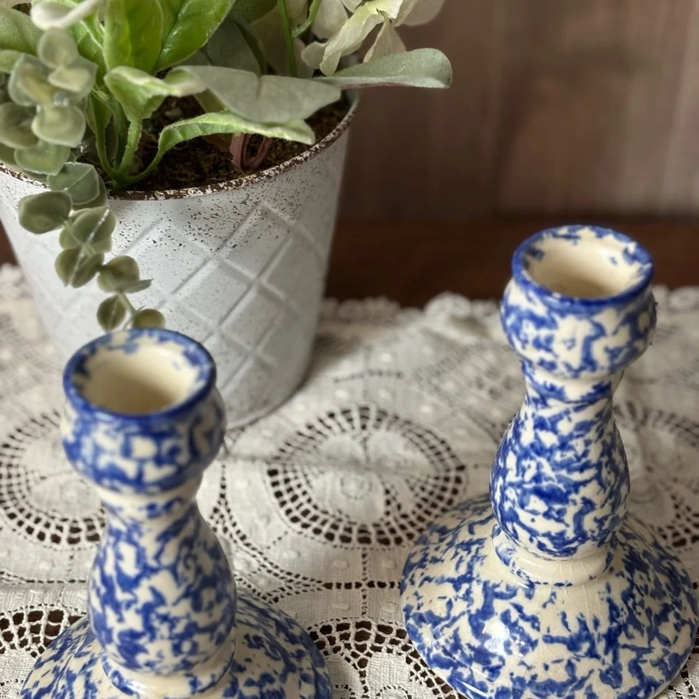 Staffordshire Chelsea Works Burslem Artisan Blue Cream Ceramic Candle Holders